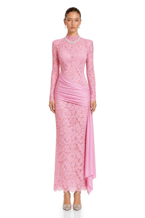 Nuria Pink Ribbon Detail Floral Lace Midi Dress