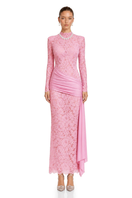 Sage Midi Dress Pink Ribbon Detail Floral Lace