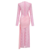 Nuria Pink Ribbon Detail Floral Lace Midi Dress