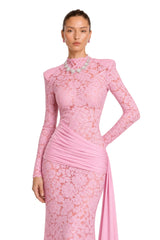 Nuria Pink Ribbon Detail Floral Lace Midi Dress