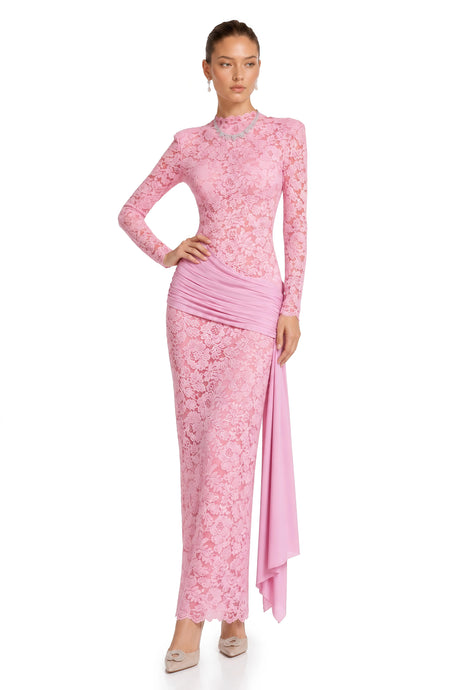 Sage Midi Dress Pink Ribbon Detail Floral Lace