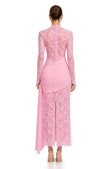Sage Midi Dress Pink Ribbon Detail Floral Lace