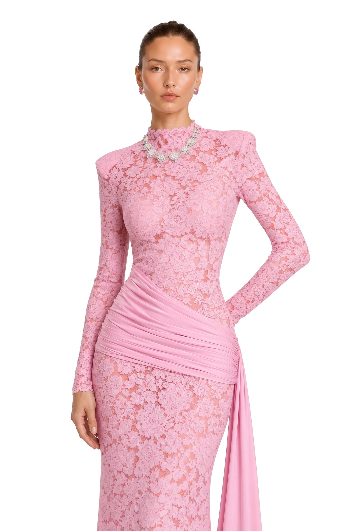 Nuria Pink Ribbon Detail Floral Lace Midi Dress