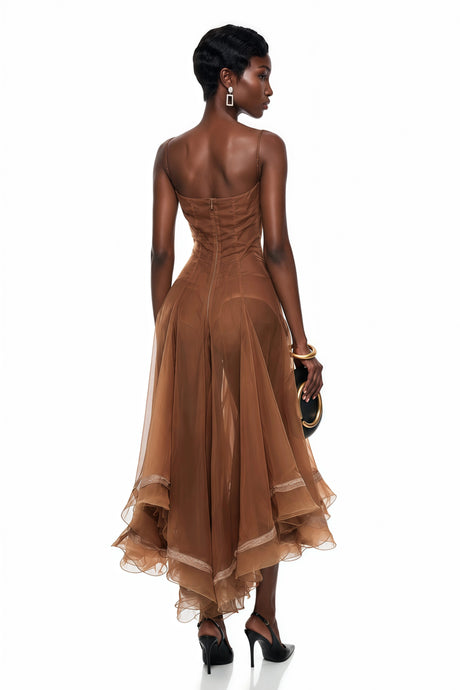 Armanda Midi Dress Rust Brown Asymmetrical