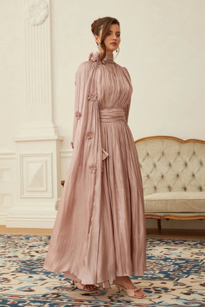 Oaklyn Pink Floral Pleated Cape Maxi Dress