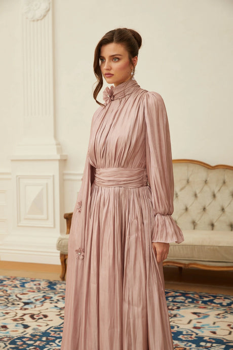 Kaylie Maxi Dress Pink Floral Pleated Cape