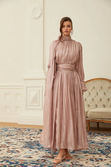 Kaylie Maxi Dress Pink Floral Pleated Cape