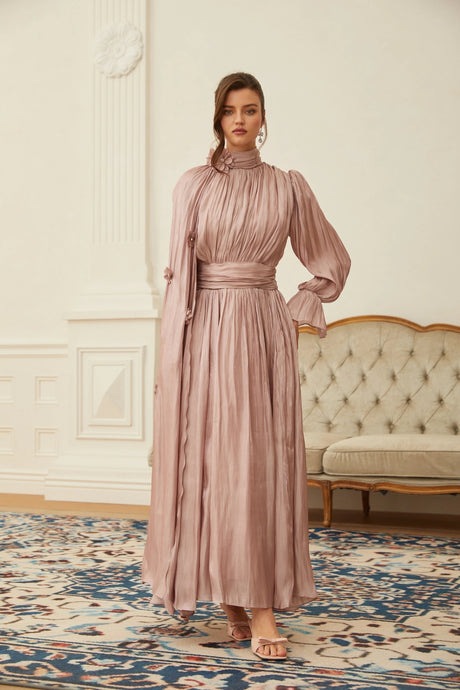 Kaylie Maxi Dress Pink Floral Pleated Cape