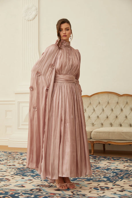 Kaylie Maxi Dress Pink Floral Pleated Cape