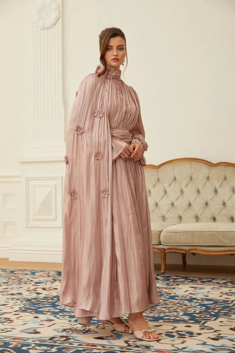 Kaylie Maxi Dress Pink Floral Pleated Cape