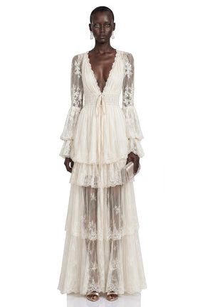 Ocean Cream Lace Ruffled Maxi Dress