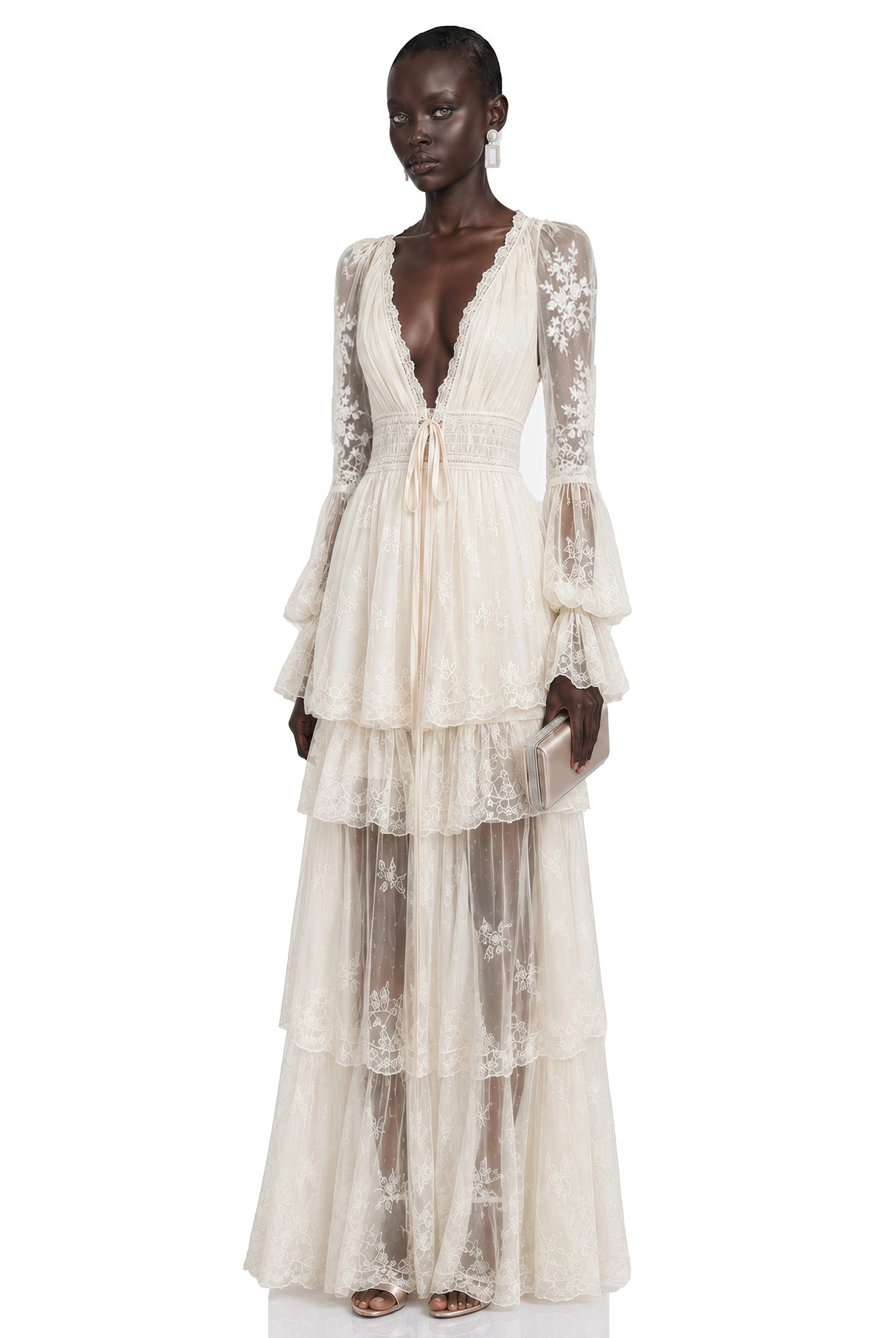 Ocean Cream Lace Ruffled Maxi Dress