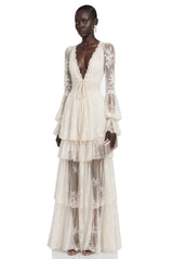 Ocean Cream Lace Ruffled Maxi Dress