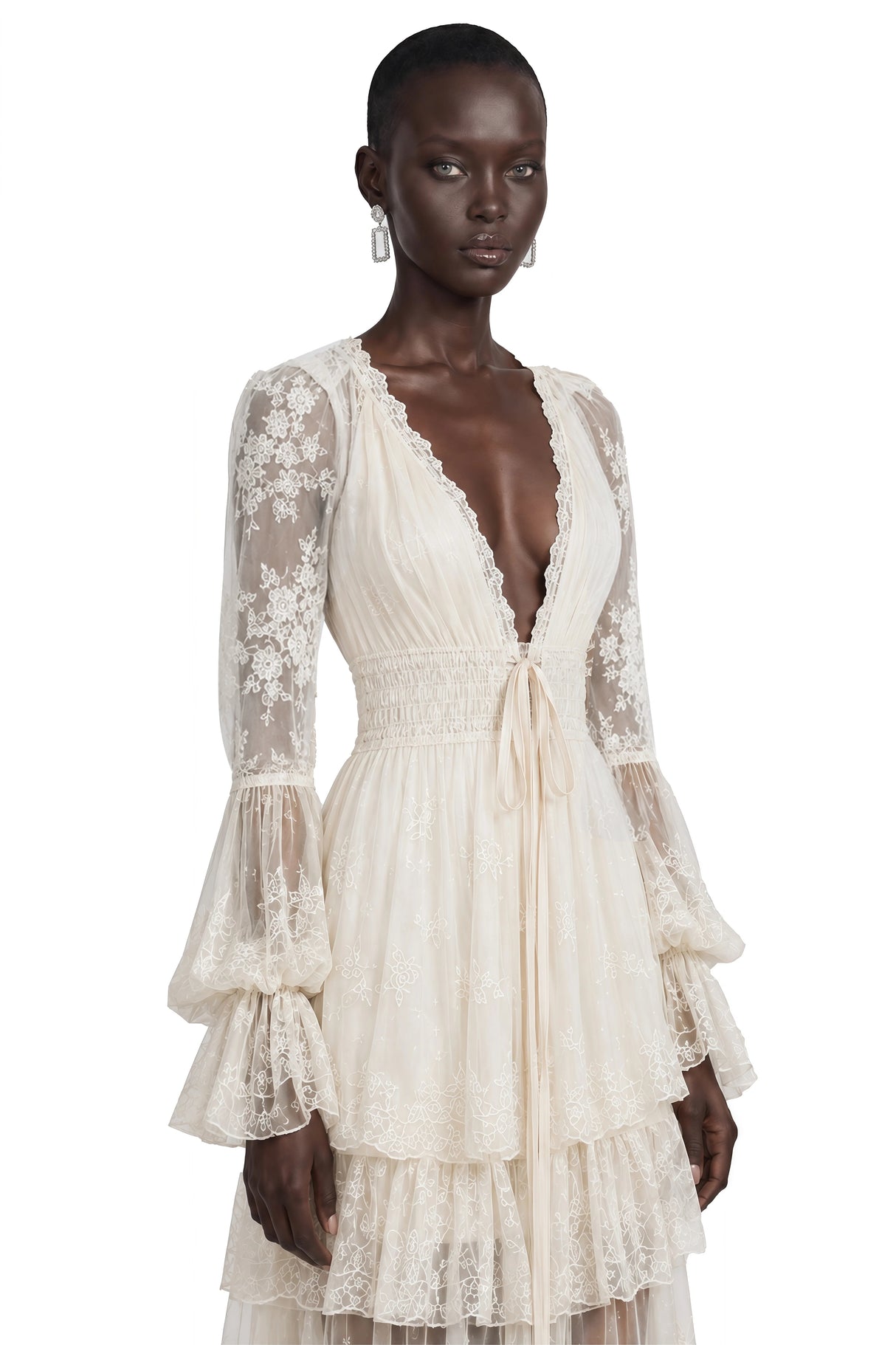 Ocean Cream Lace Ruffled Maxi Dress