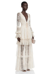 Ocean Cream Lace Ruffled Maxi Dress