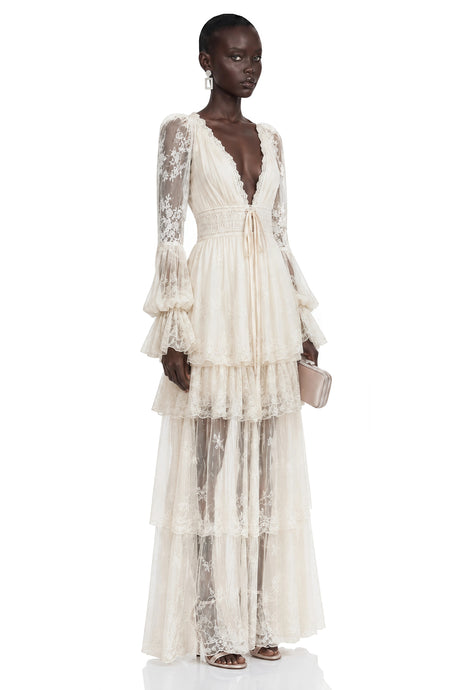 Perlina Maxi Dress Cream Lace Ruffled