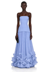 Océane Blue Off Shoulder Pleated Maxi Dress with 3D Florals