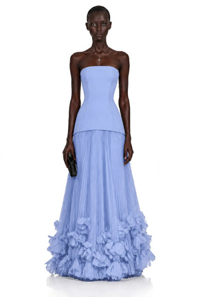 Océane Blue Off Shoulder Pleated Maxi Dress with 3D Florals