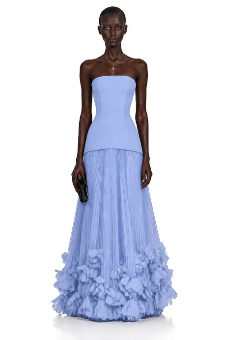 Amabile Maxi Dress Blue Off Shoulder Pleated with 3D Florals