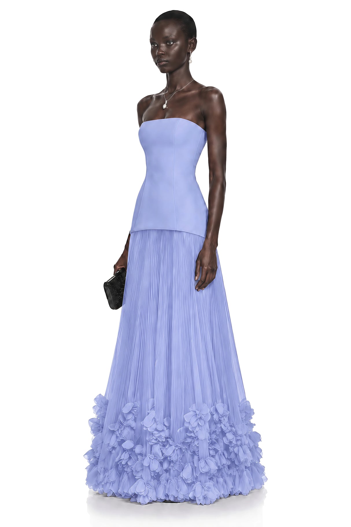 Océane Blue Off Shoulder Pleated Maxi Dress with 3D Florals