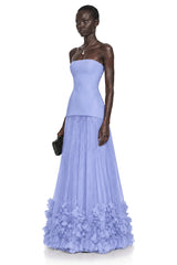 Océane Blue Off Shoulder Pleated Maxi Dress with 3D Florals