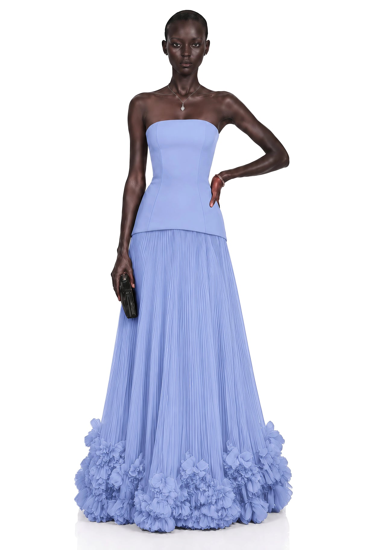 Océane Blue Off Shoulder Pleated Maxi Dress with 3D Florals