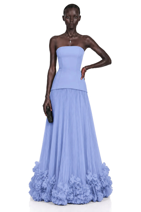 Amabile Maxi Dress Blue Off Shoulder Pleated with 3D Florals