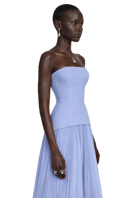 Amabile Maxi Dress Blue Off Shoulder Pleated with 3D Florals
