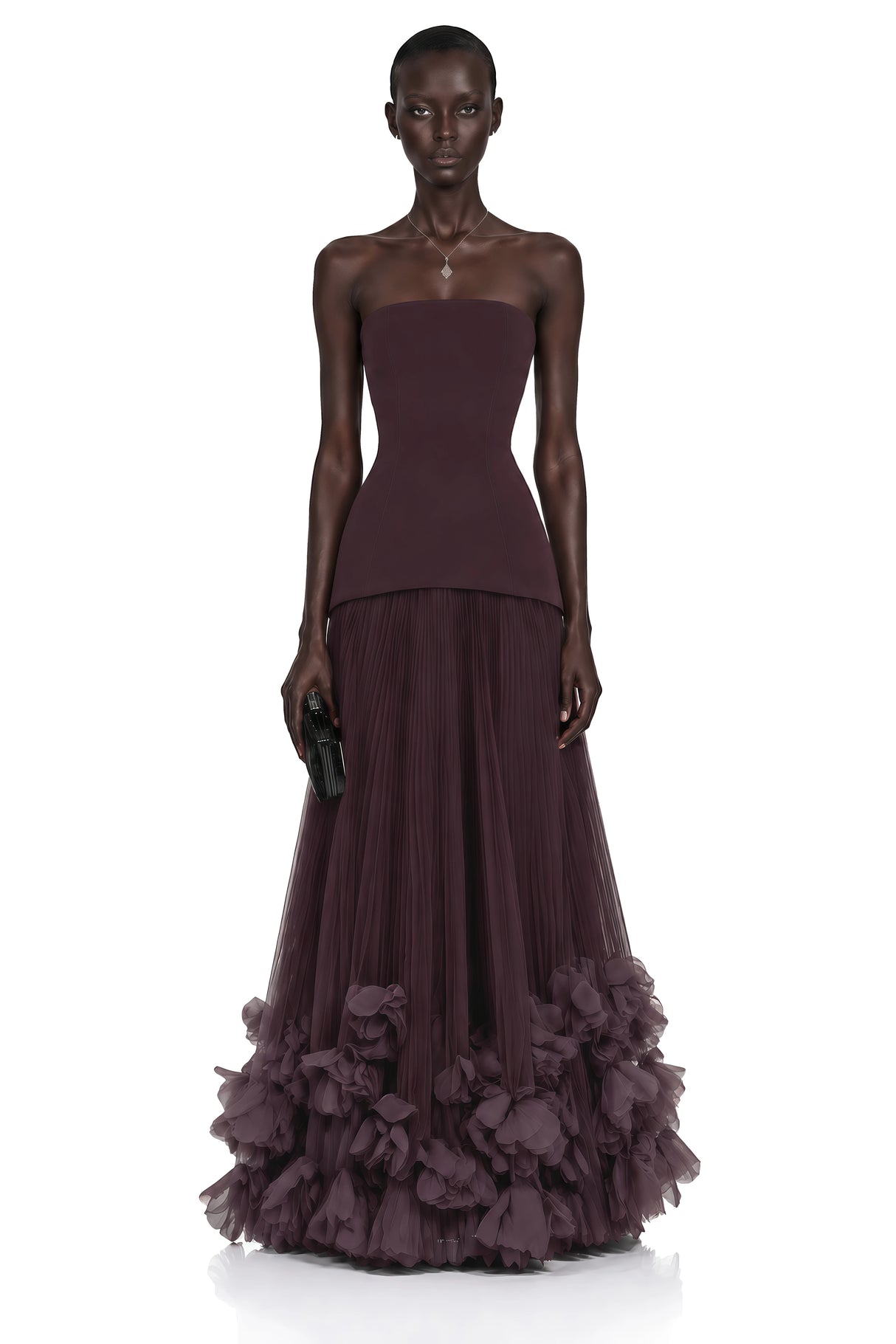 Océane Brown Off Shoulder Pleated Maxi Dress with 3D Florals
