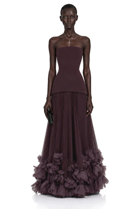 Océane Brown Off Shoulder Pleated Maxi Dress with 3D Florals