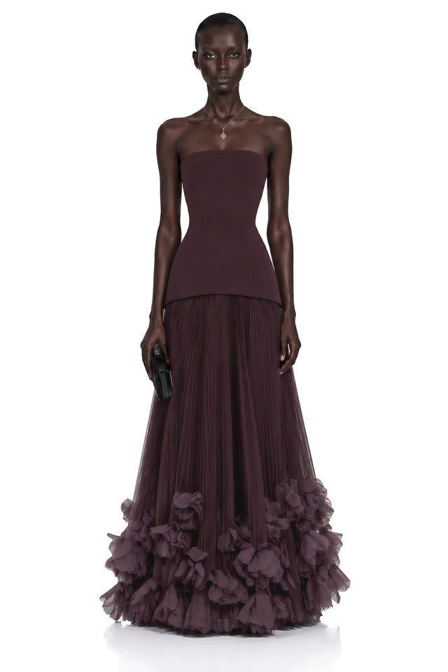Océane Brown Off Shoulder Pleated Maxi Dress with 3D Florals