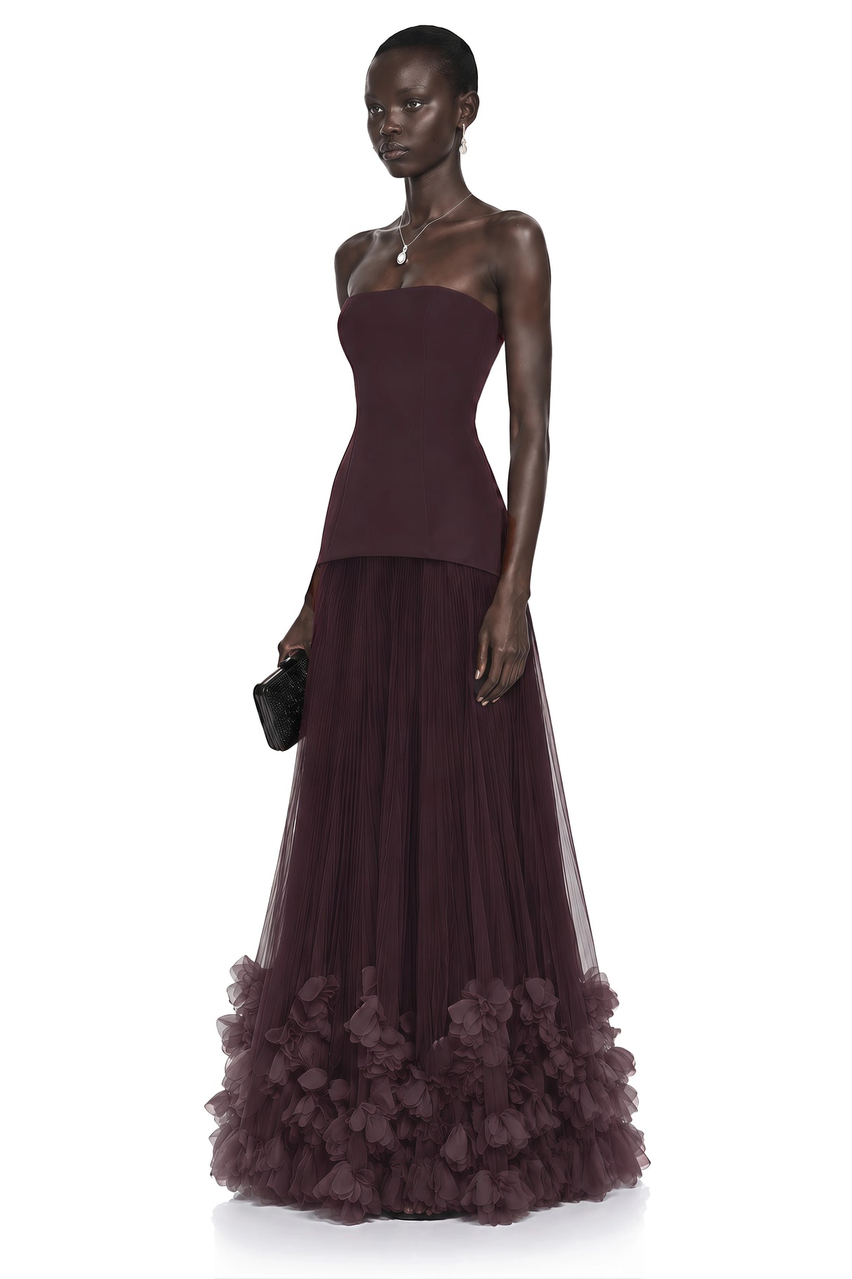 Océane Brown Off Shoulder Pleated Maxi Dress with 3D Florals