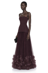 Océane Brown Off Shoulder Pleated Maxi Dress with 3D Florals