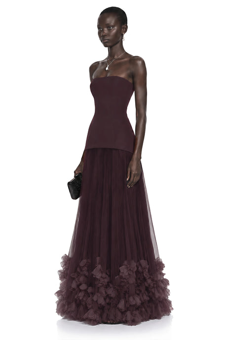Malaya Maxi Dress Brown Off Shoulder Pleated with 3D Florals