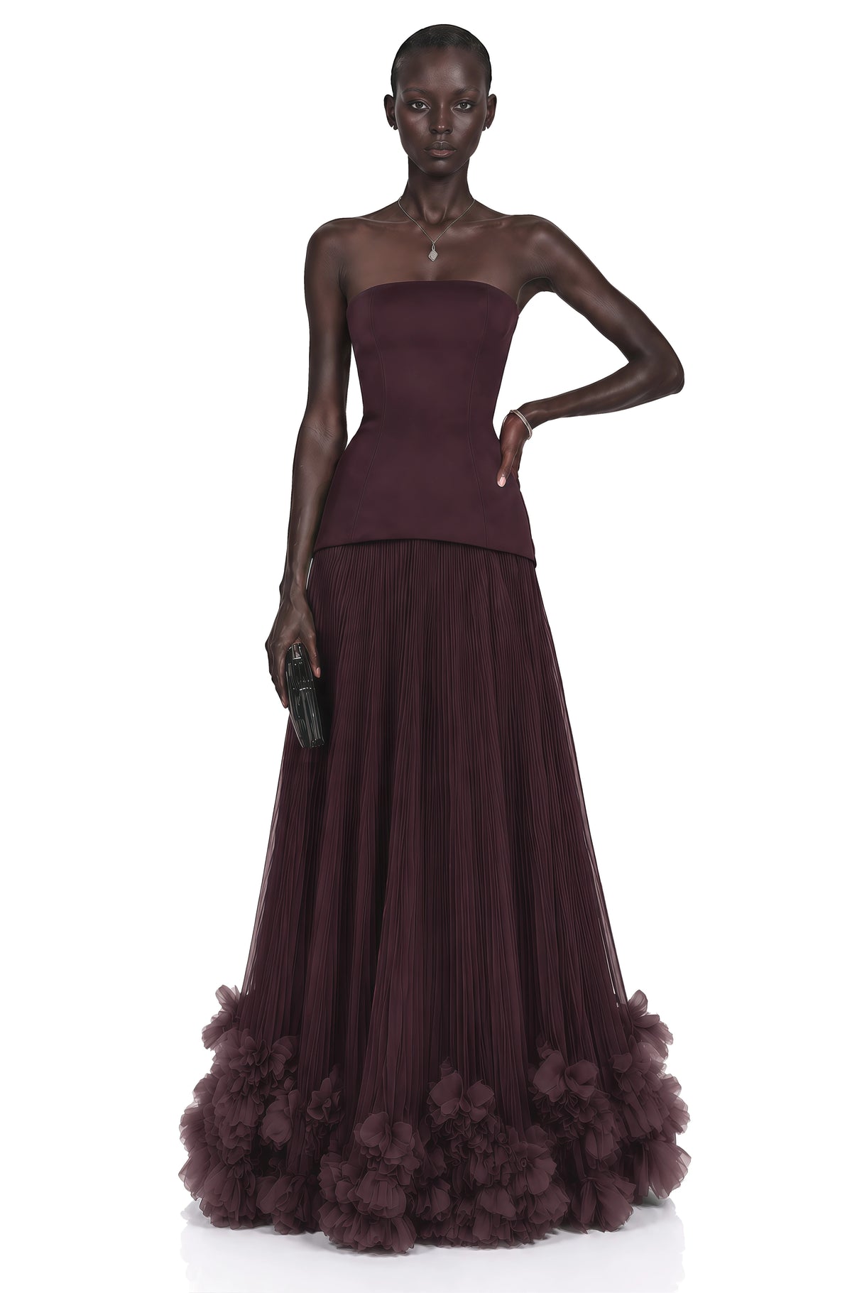 Océane Brown Off Shoulder Pleated Maxi Dress with 3D Florals