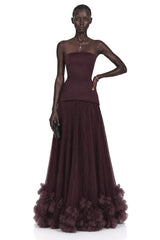 Océane Brown Off Shoulder Pleated Maxi Dress with 3D Florals