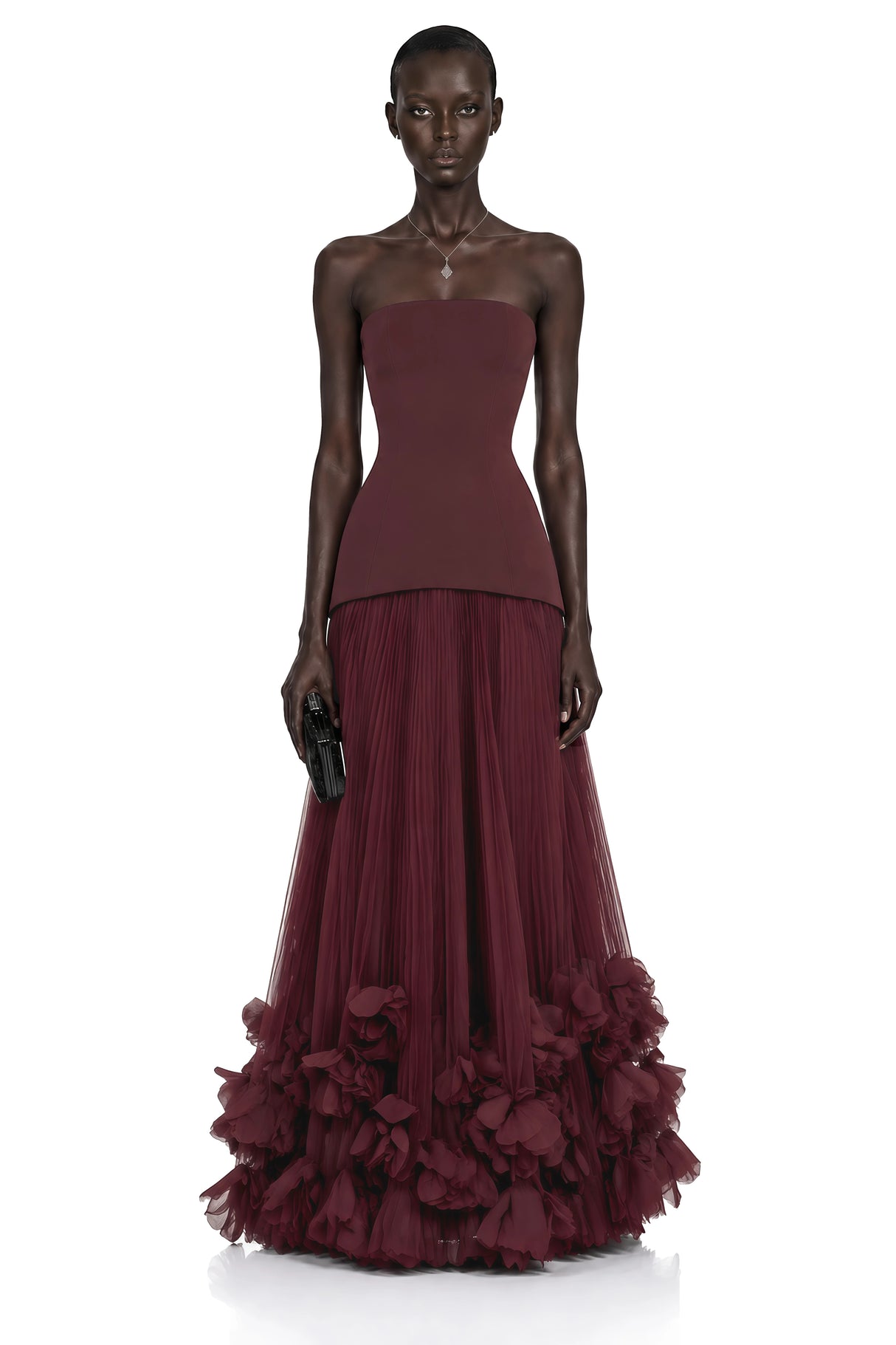 Océane Burgundy Off Shoulder Pleated Maxi Dress with 3D Florals