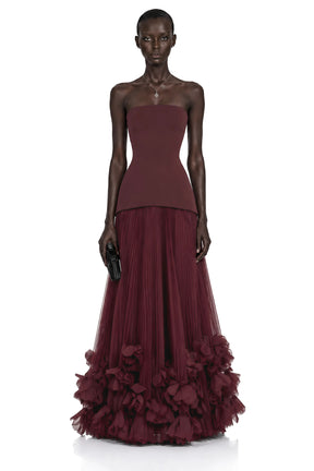 Océane Burgundy Off Shoulder Pleated Maxi Dress with 3D Florals