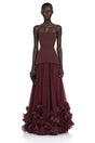 Océane Burgundy Off Shoulder Pleated Maxi Dress with 3D Florals
