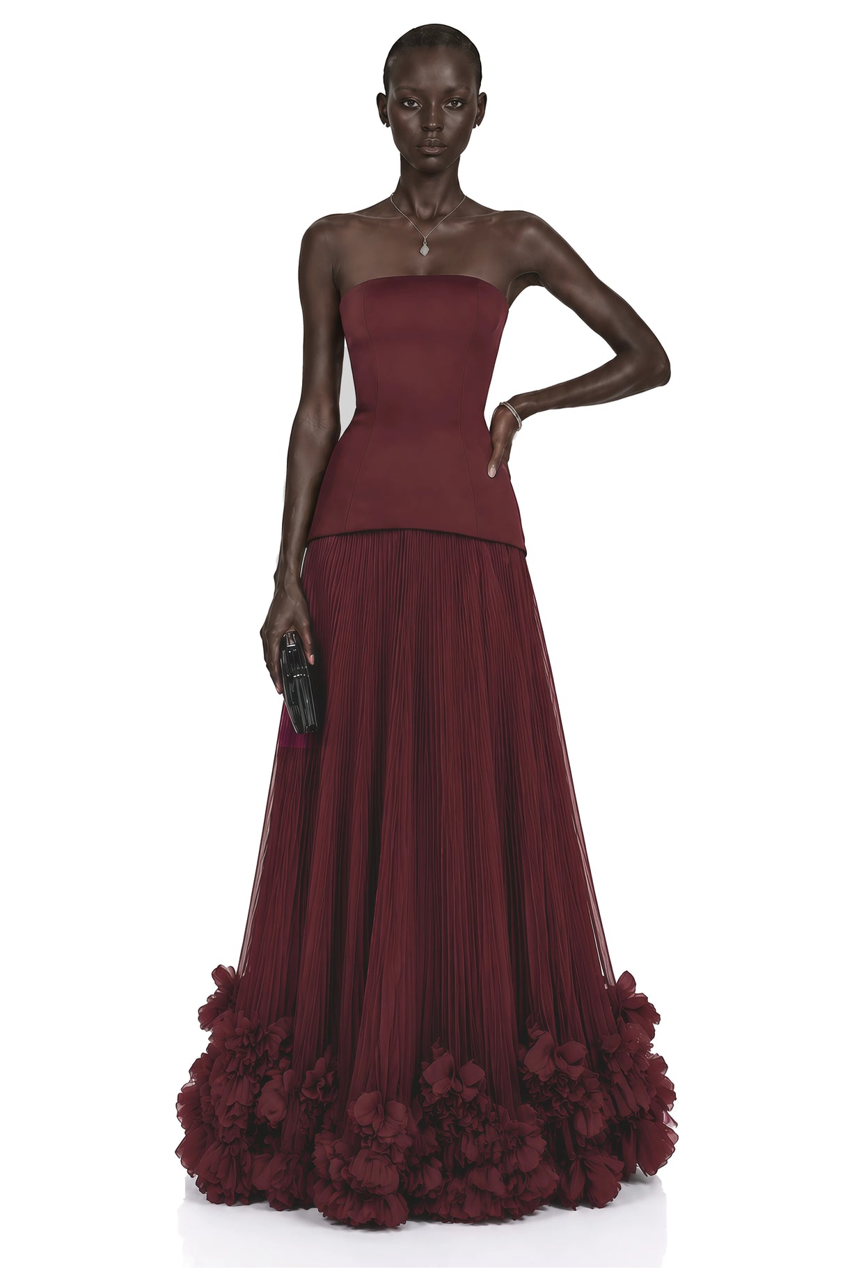 Océane Burgundy Off Shoulder Pleated Maxi Dress with 3D Florals