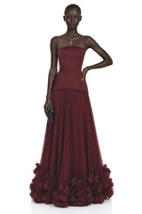 Océane Burgundy Off Shoulder Pleated Maxi Dress with 3D Florals