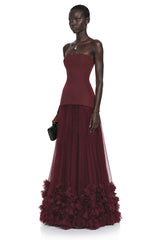 Océane Burgundy Off Shoulder Pleated Maxi Dress with 3D Florals