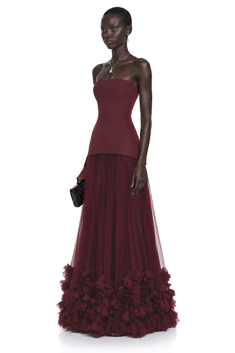 Aurora Maxi Dress Burgundy Off Shoulder Pleated with 3D Florals