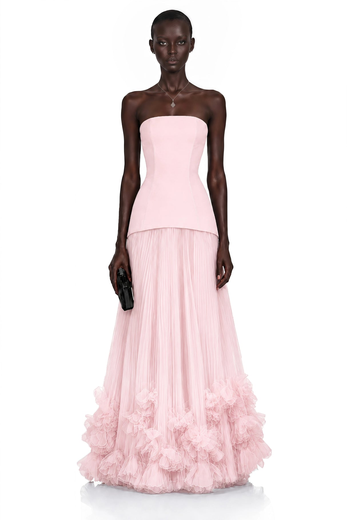 Océane Pink Off Shoulder Pleated Maxi Dress with 3D Florals