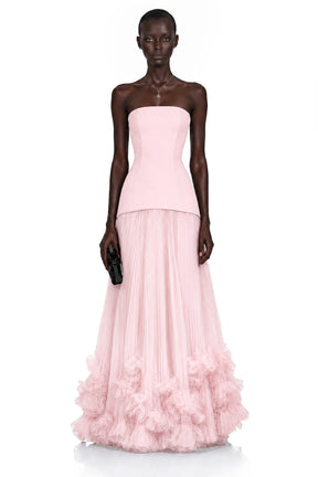 Océane Pink Off Shoulder Pleated Maxi Dress with 3D Florals
