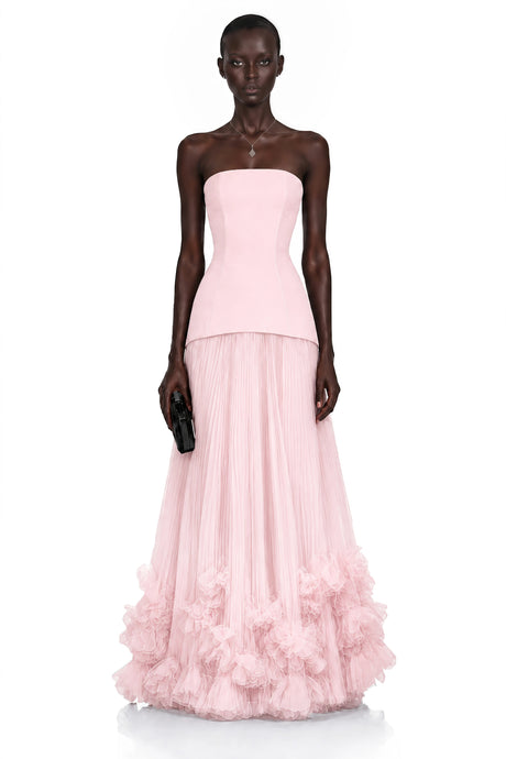 Adrianna Maxi Dress Pink Off Shoulder Pleated with 3D Florals