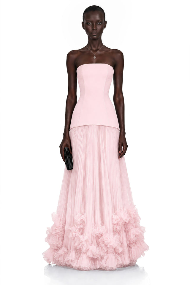 Océane Pink Off Shoulder Pleated Maxi Dress with 3D Florals