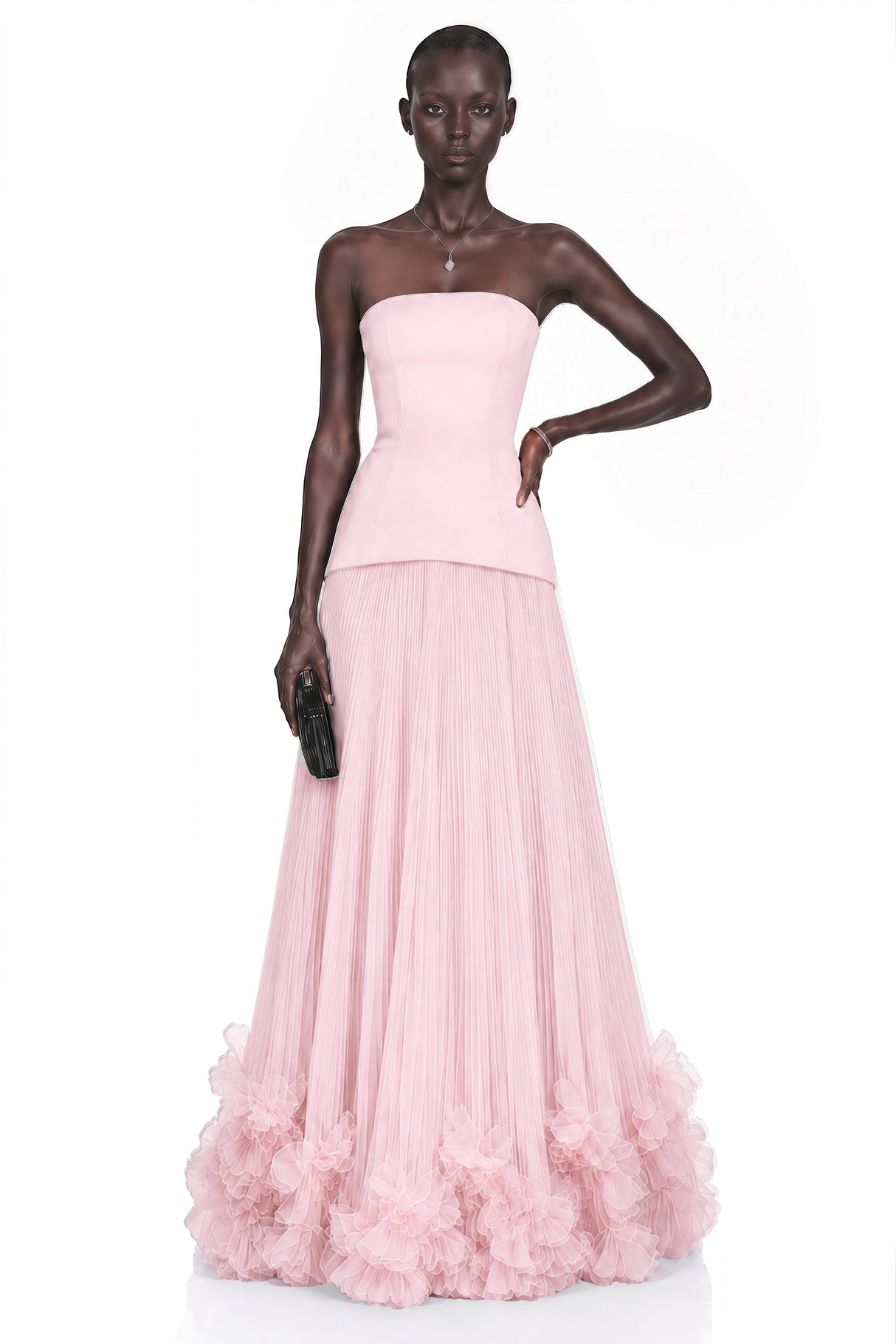 Océane Pink Off Shoulder Pleated Maxi Dress with 3D Florals