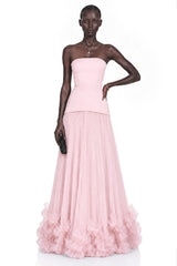 Océane Pink Off Shoulder Pleated Maxi Dress with 3D Florals