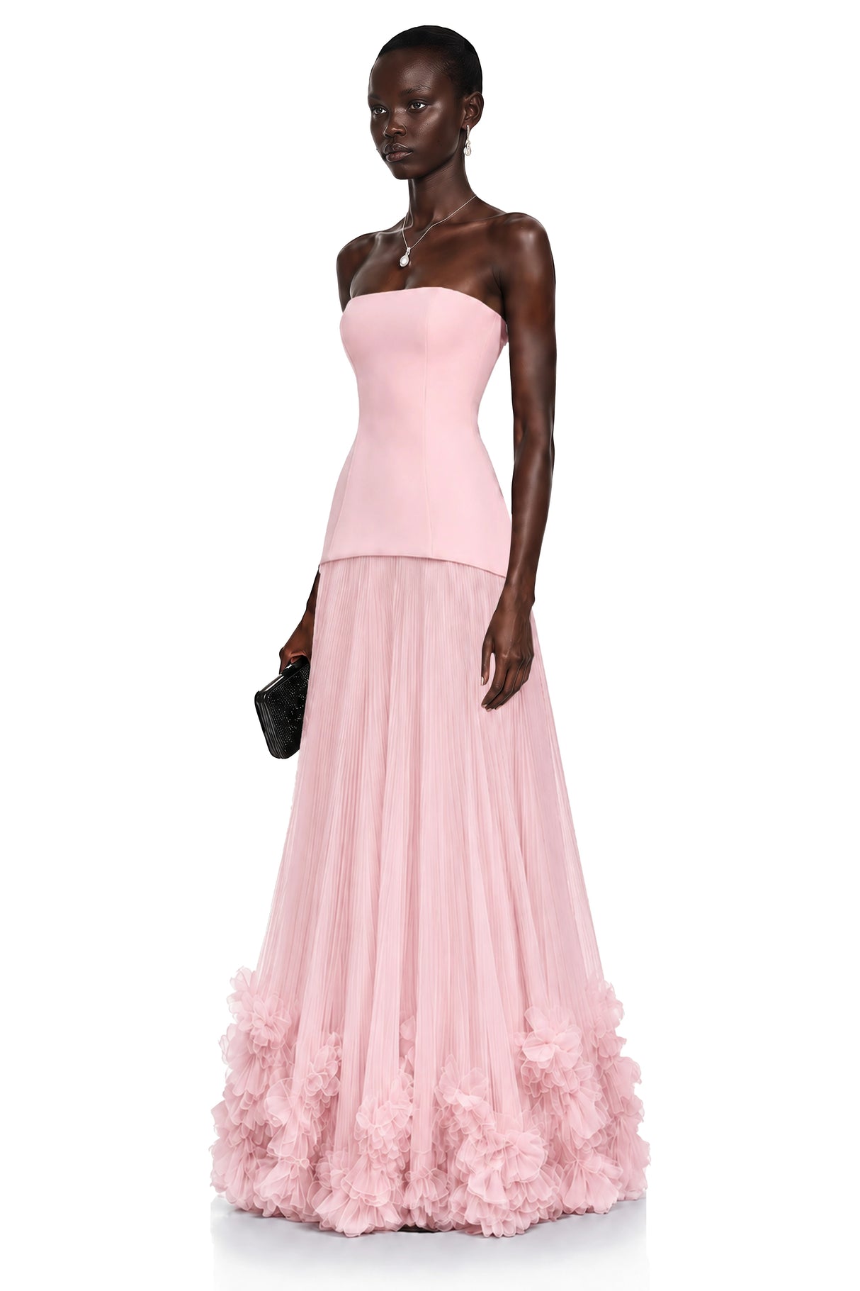 Océane Pink Off Shoulder Pleated Maxi Dress with 3D Florals